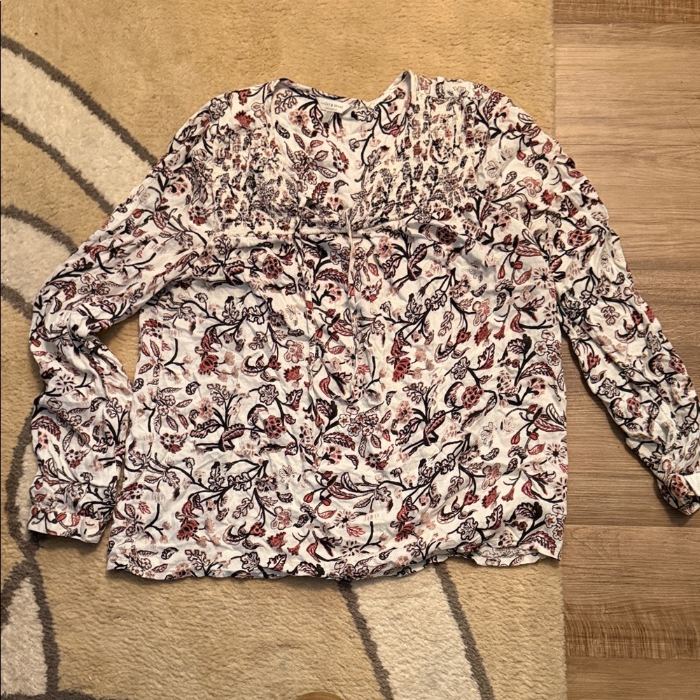 Lucky Brand Print Long-Sleeve Peasant Top - White with Red & brown